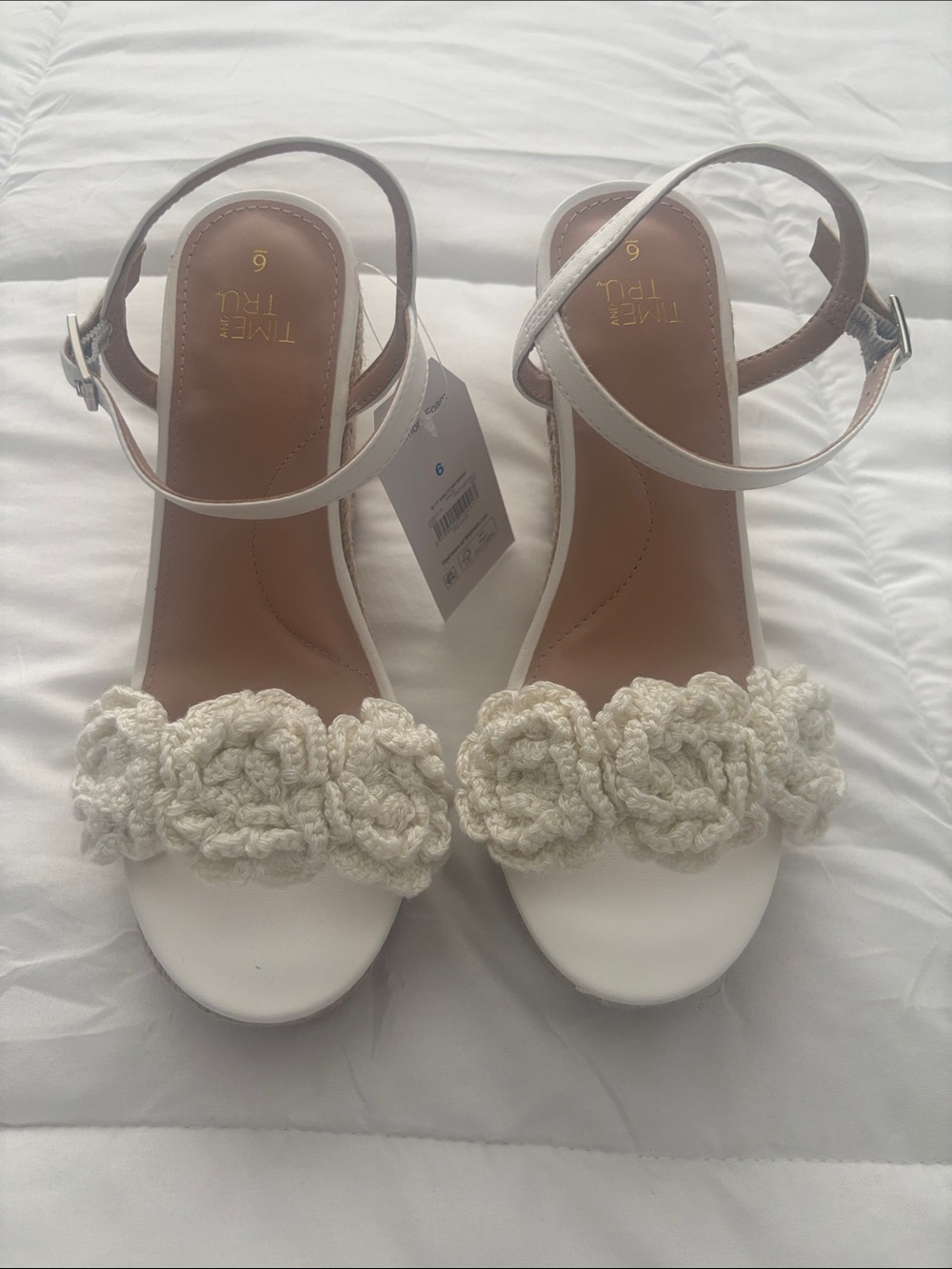 Time and Tru White Floral Crochet Wedge Sandals